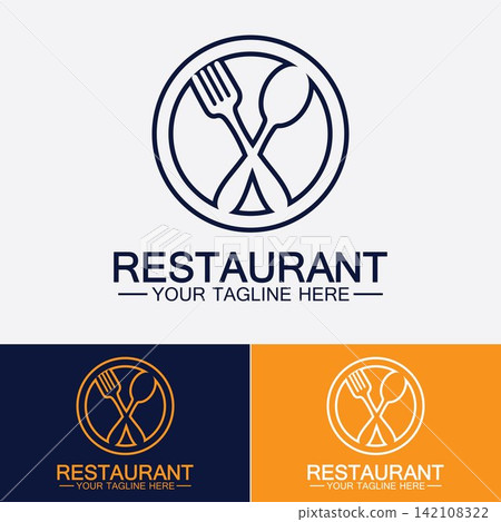 Restaurant logo with spoon and fork icon,menu design food drink concept for cafe restaurant Restaurant logo with spoon and fork icon,menu design food drink concept for cafe restaurant 142108322