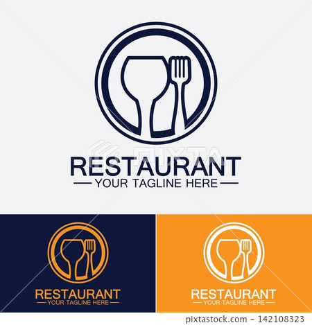 Restaurant logo with spoon and fork icon,menu design food drink concept for cafe restaurant Restaurant logo with spoon and fork icon,menu design food drink concept for cafe restaurant 142108323