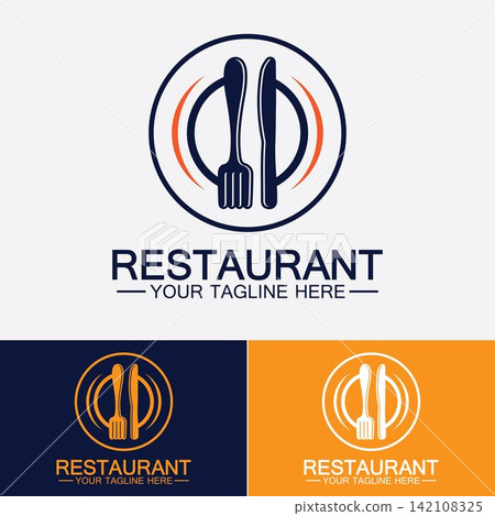 Restaurant logo with spoon and fork icon,menu design food drink concept for cafe restaurant Restaurant logo with spoon and fork icon,menu design food drink concept for cafe restaurant 142108325