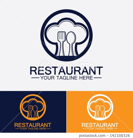 Restaurant logo with spoon and fork icon,menu design food drink concept for cafe restaurant Restaurant logo with spoon and fork icon,menu design food drink concept for cafe restaurant 142108326