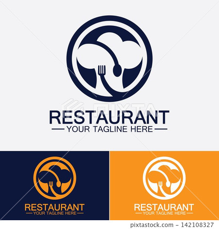 Restaurant logo with spoon and fork icon,menu design food drink concept for cafe restaurant Restaurant logo with spoon and fork icon,menu design food drink concept for cafe restaurant 142108327