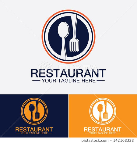 Restaurant logo with spoon and fork icon,menu design food drink concept for cafe restaurant Restaurant logo with spoon and fork icon,menu design food drink concept for cafe restaurant 142108328