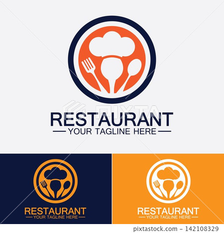 Restaurant logo with spoon and fork icon,menu design food drink concept for cafe restaurant 142108329