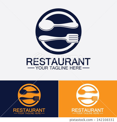 Restaurant logo with spoon and fork icon,menu design food drink concept for cafe restaurant 142108331