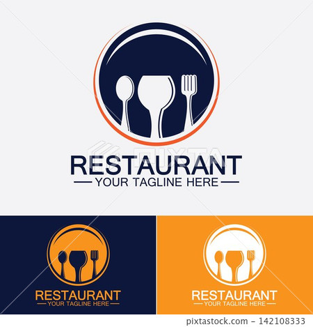 Restaurant logo with spoon and fork icon,menu design food drink concept for cafe restaurant Restaurant logo with spoon and fork icon,menu design food drink concept for cafe restaurant 142108333