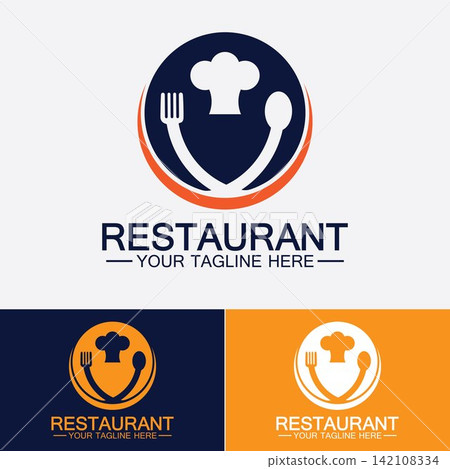 Restaurant logo with spoon and fork icon,menu design food drink concept for cafe restaurant Restaurant logo with spoon and fork icon,menu design food drink concept for cafe restaurant 142108334