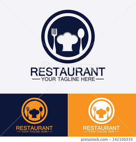 Restaurant logo with spoon and fork icon,menu design food drink concept for cafe restaurant 142108335