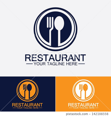 Restaurant logo with spoon and fork icon,menu design food drink concept for cafe restaurant Restaurant logo with spoon and fork icon,menu design food drink concept for cafe restaurant 142108338