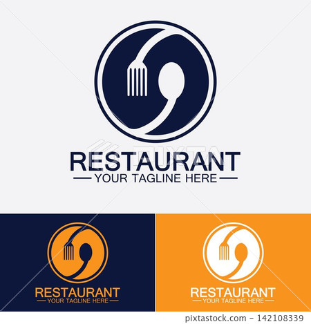 Restaurant logo with spoon and fork icon,menu design food drink concept for cafe restaurant Restaurant logo with spoon and fork icon,menu design food drink concept for cafe restaurant 142108339