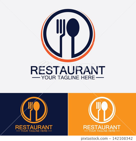 Restaurant logo with spoon and fork icon,menu design food drink concept for cafe restaurant Restaurant logo with spoon and fork icon,menu design food drink concept for cafe restaurant 142108342