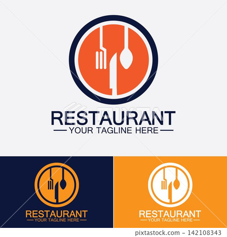 Restaurant logo with spoon and fork icon,menu design food drink concept for cafe restaurant Restaurant logo with spoon and fork icon,menu design food drink concept for cafe restaurant 142108343