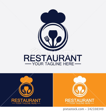 Restaurant logo with spoon and fork icon,menu design food drink concept for cafe restaurant Restaurant logo with spoon and fork icon,menu design food drink concept for cafe restaurant 142108349