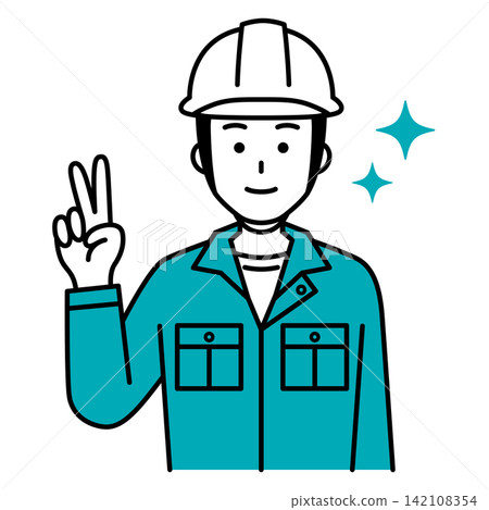 A male worker making a peace sign. A male worker making a peace sign. 142108354