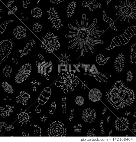 microbes virus bacterial microorganism doodles seamless vector background , hand drawn illustration microbes virus bacterial microorganism doodles seamless vector background , hand drawn illustration 142108404