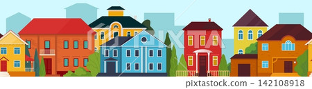 Colorful suburban houses landscape. City neighborhood skyline with residential buildings and trees, urban housing, real estate community, local architecture. Vector cartoon flat illustration Colorful suburban houses landscape. City neighborhood skyline with residential buildings and trees, urban housing, real estate community, local architecture. Vector cartoon flat illustration 142108918