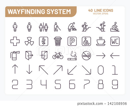 Way finding icons. Wayfinding signage, office arrow sign system or parking navigation minimal outline pictograms. Shopping direction, safety and services, restroom direction vector isolated set Way finding icons. Wayfinding signage, office arrow sign system or parking navigation minimal outline pictograms. Shopping direction, safety and services, restroom direction vector isolated set 142108936
