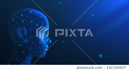 Ai head. Human robot face, futuristic artificial intelligence digital wireframe or abstract polygon future brain. Data privacy, secure identity and anonymous technology vector concept Ai head. Human robot face, futuristic artificial intelligence digital wireframe or abstract polygon future brain. Data privacy, secure identity and anonymous technology vector concept 142108937