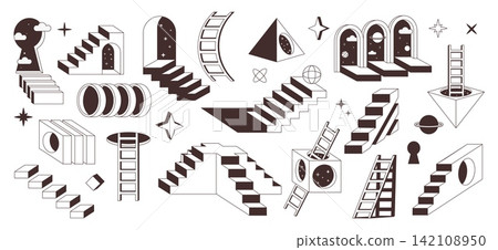 Ladder icons. Perspective door illusion, surreal 3d floor shape or geometric doorway arc. Abstract psychedelic stairway, fantasy architecture, cosmic symbols. Vector isolated concept set Ladder icons. Perspective door illusion, surreal 3d floor shape or geometric doorway arc. Abstract psychedelic stairway, fantasy architecture, cosmic symbols. Vector isolated concept set 142108950