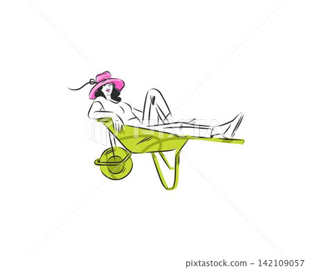 Woman Relaxing in Wheelbarrow in Garden, Funny Gardening Lifestyle Illustration, Outdoor Leisure and Summer Relaxation Concept, Hand Drawn Vector Woman Relaxing in Wheelbarrow in Garden, Funny Gardening Lifestyle Illustration, Outdoor Leisure and Summer Relaxation Concept, Hand Drawn Vector 142109057