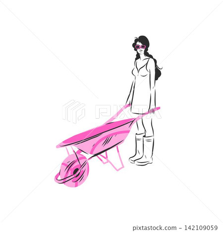 Woman Gardener with Wheelbarrow, Hand Drawn Vector Illustration of Gardening, Landscaping, Garden Maintenance and Outdoor Work Isolated on White Woman Gardener with Wheelbarrow, Hand Drawn Vector Illustration of Gardening, Landscaping, Garden Maintenance and Outdoor Work Isolated on White 142109059