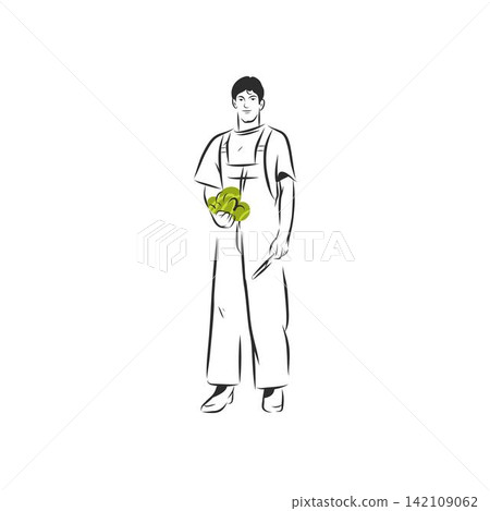 Male Farmer Holding Fresh Vegetables, Hand Drawn Vector Illustration of Organic Farming, Gardening, Agriculture and Healthy Natural Food Isolated on White Male Farmer Holding Fresh Vegetables, Hand Drawn Vector Illustration of Organic Farming, Gardening, Agriculture and Healthy Natural Food Isolated on White 142109062