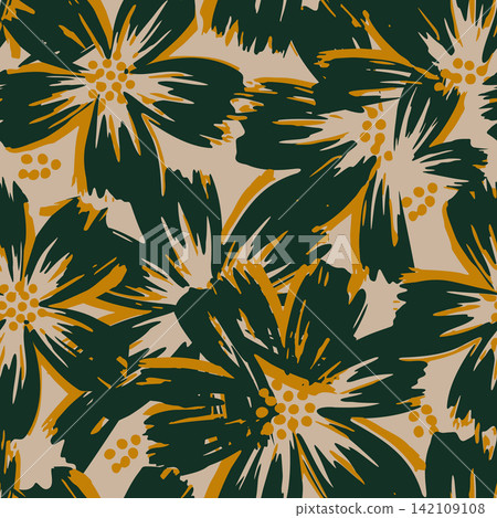 Modern botanical repeating pattern with painterly brushstroke flowers for fashion apparel, fabric textile, home decor, and luxury wallpaper design. Modern botanical repeating pattern with painterly brushstroke flowers for fashion apparel, fabric textile, home decor, and luxury wallpaper design. 142109108