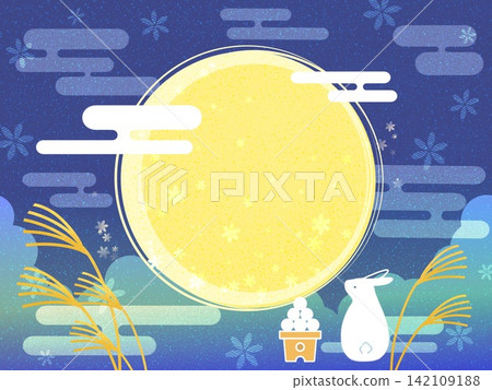 A rabbit gazing up at the full moon - illustration material featuring moon-viewing dumplings, pampas grass, and clouds. A rabbit gazing up at the full moon - illustration material featuring moon-viewing dumplings, pampas grass, and clouds. 142109188