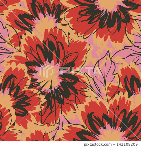 Vibrant hand-drawn brush stroke flowers seamless pattern. Artistic floral background for fabric, wallpaper, wrapping paper, and textile print design. 142109209