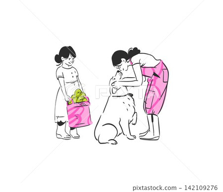 Children Gardening and Harvesting Vegetables with Dog, Hand Drawn Line Art Vector Illustration, Kids Outdoor Activity, Organic Garden, Healthy Food and Pet Friendship Concept Children Gardening and Harvesting Vegetables with Dog, Hand Drawn Line Art Vector Illustration, Kids Outdoor Activity, Organic Garden, Healthy Food and Pet Friendship Concept 142109276