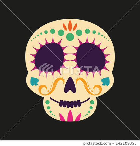 Colorful Decorative Sugar Skull Vector Illustration for Dia de los Muertos with Traditional Folk Art Ornaments and Abstract Floral Details Colorful Decorative Sugar Skull Vector Illustration for Dia de los Muertos with Traditional Folk Art Ornaments and Abstract Floral Details 142109353