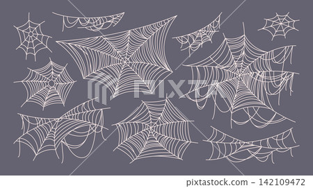 Flat set of hand drawn spider webs and cobwebs in various intricate shapes. Creepy Halloween and gothic linear elements perfect for spooky decorations, horror designs, haunted house themes, borders. Flat set of hand drawn spider webs and cobwebs in various intricate shapes. Creepy Halloween and gothic linear elements perfect for spooky decorations, horror designs, haunted house themes, borders. 142109472