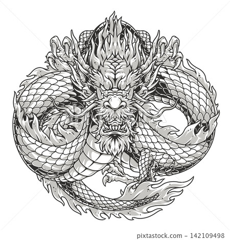 Aggressive Asian dragon monochrome logotype Aggressive Asian dragon monochrome logotype 142109498
