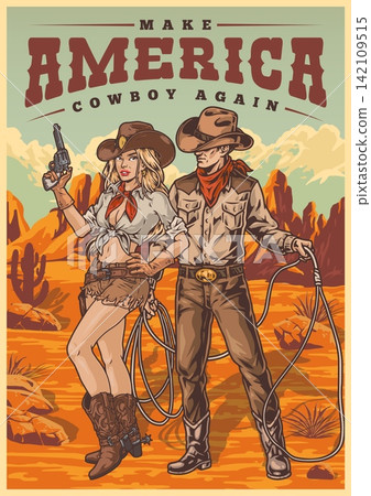 American cowboys vintage poster colorful American cowboys vintage poster colorful 142109515
