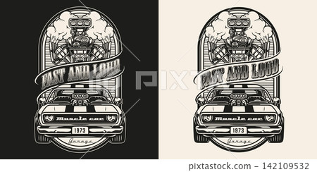American custom car vintage monochrome badge American custom car vintage monochrome badge 142109532