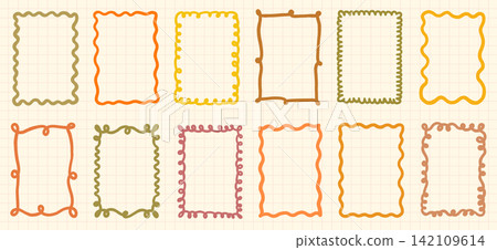 Cute wavy autumn vector frames in neutral earthy colors with organic painted lines, Doodle squiggly rectangle borders for fall and Thanksgiving design and packaging Cute wavy autumn vector frames in neutral earthy colors with organic painted lines, Doodle squiggly rectangle borders for fall and Thanksgiving design and packaging 142109614