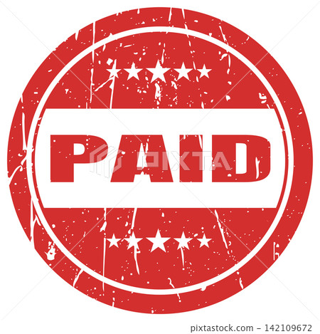 Red circle paid stamp with grunge texture and white stars for transaction confirmation. 142109672