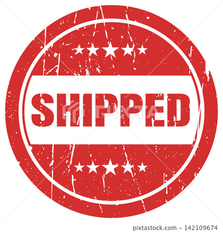 Red circular grunge stamp design with white shipped text and five stars for logistics use. 142109674