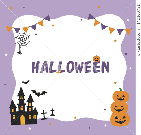 Halloween banner illustration - simple background illustration featuring witches, ghosts, jack-o'-lanterns, and a castle. Halloween banner illustration - simple background illustration featuring witches, ghosts, jack-o'-lanterns, and a castle. 142109751