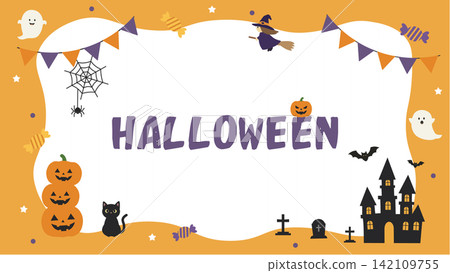 Halloween banner illustration - simple background illustration featuring witches, ghosts, jack-o'-lanterns, and a castle. Halloween banner illustration - simple background illustration featuring witches, ghosts, jack-o'-lanterns, and a castle. 142109755