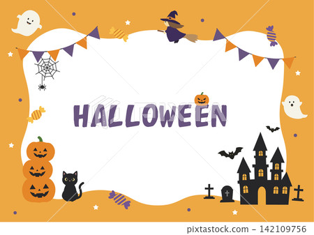 Halloween banner illustration - simple background illustration featuring witches, ghosts, jack-o'-lanterns, and a castle. Halloween banner illustration - simple background illustration featuring witches, ghosts, jack-o'-lanterns, and a castle. 142109756