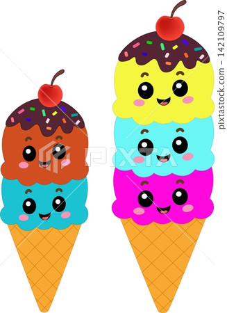 Two cute cartoon ice cream cones stacked with colorful scoops and happy smiling faces layout template for sweet summer dessert graphic design Two cute cartoon ice cream cones stacked with colorful scoops and happy smiling faces layout template for sweet summer dessert graphic design 142109797