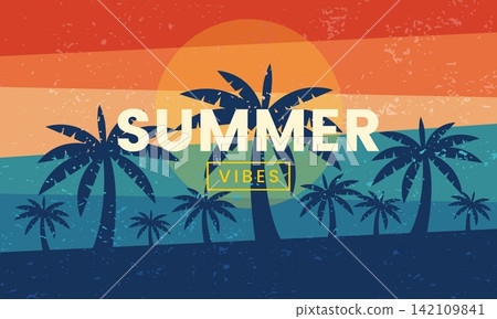 Retro summer vibes banner. Abstract silhouette palm and beach background Retro summer vibes banner. Abstract silhouette palm and beach background 142109841