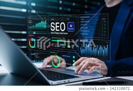 AI powered SEO analytics dashboard shows keyword ranking, organic traffic and site metrics as digital marketer optimizes search visibility, website performance, marketing strategy for business growth AI powered SEO analytics dashboard shows keyword ranking, organic traffic and site metrics as digital marketer optimizes search visibility, website performance, marketing strategy for business growth 142110072