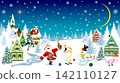 Santa Claus, a goat, and a snowman are having fun on Christmas 142110127