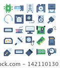 Computer hardware icon set featuring PC components, storage devices, cables, and peripherals in colorful flat style Ideal for technology, repair, networking, and computer projects 142110130