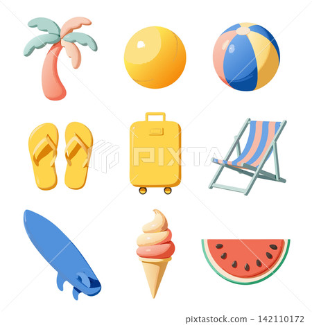 This summer vacation icon set includes a collection of beach accessories, such as a palm tree, a beach ball, and a suitcase This summer vacation icon set includes a collection of beach accessories, such as a palm tree, a beach ball, and a suitcase 142110172