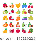 Fruit - Flat - Set - UploadFruit icon set featuring fresh tropical and seasonal fruits in colorful flat style Ideal for grocery, healthy food, nutrition, organic farming, menu, packaging, and 142110228