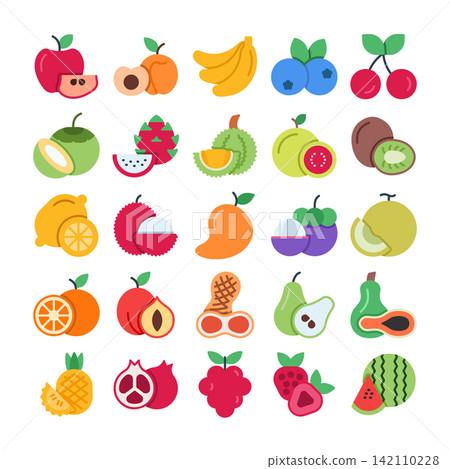 Fruit - Flat - Set - UploadFruit icon set featuring fresh tropical and seasonal fruits in colorful flat style Ideal for grocery, healthy food, nutrition, organic farming, menu, packaging, and Fruit - Flat - Set - UploadFruit icon set featuring fresh tropical and seasonal fruits in colorful flat style Ideal for grocery, healthy food, nutrition, organic farming, menu, packaging, and 142110228