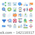 Internet marketing icon set featuring SEO, email marketing, analytics, advertising, and digital business tools in colorful flat style Ideal for websites, apps, and marketing projects 142110317