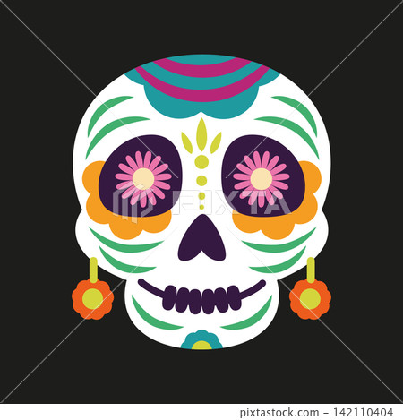 Colorful Floral Sugar Skull with Flower Eyes and Earrings Vector Illustration for Dia de los Muertos with Decorative Folk Art Details Colorful Floral Sugar Skull with Flower Eyes and Earrings Vector Illustration for Dia de los Muertos with Decorative Folk Art Details 142110404